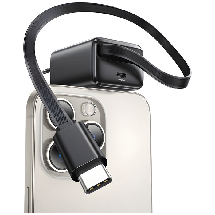 Зарядно USAMS YC Series Retractable PD+QC 30W GaN Fast Charging със свиваем кабел, черно