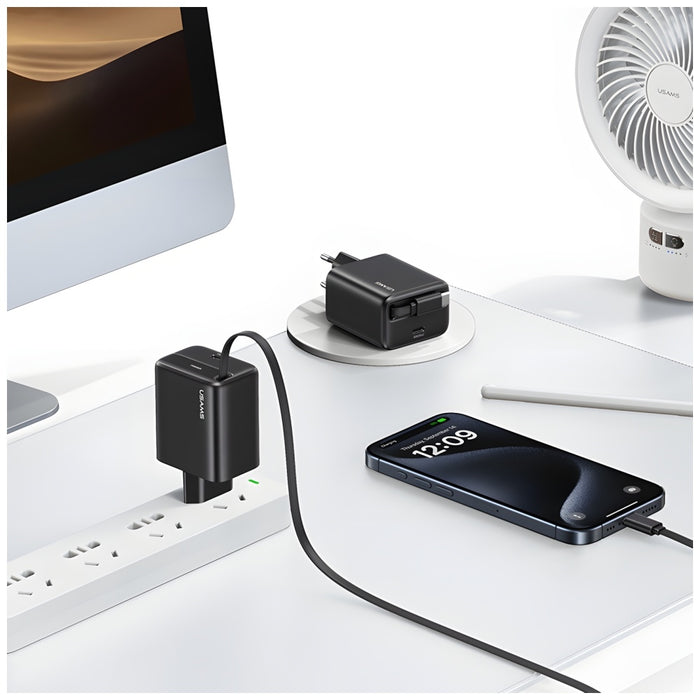 Зарядно USAMS YC Series Retractable PD+QC 30W GaN Fast Charging със свиваем кабел, черно