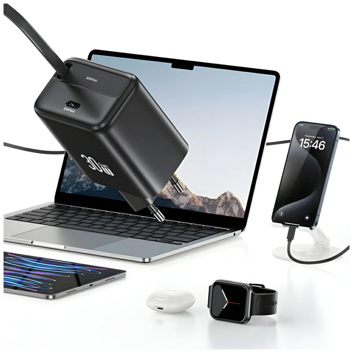 Зарядно USAMS YC Series Retractable PD+QC 30W GaN Fast Charging със свиваем кабел, черно