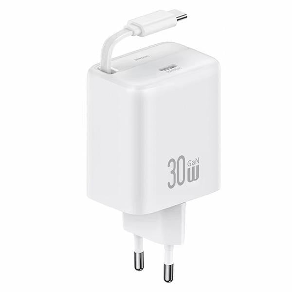 Зарядно USAMS YC Series Retractable PD+QC 30W GaN Fast Charging със сгъваем кабел, бяло