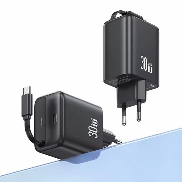 Зарядно USAMS YC Series Retractable PD+QC 30W GaN Fast Charging със сгъваем кабел, бяло