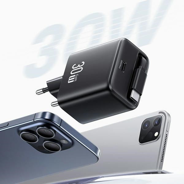 Зарядно USAMS YC Series Retractable PD+QC 30W GaN Fast Charging със сгъваем кабел, бяло