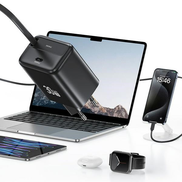 Зарядно USAMS YC Series Retractable PD+QC 30W GaN Fast Charging със сгъваем кабел, бяло