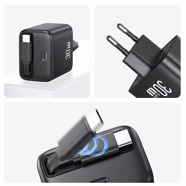Зарядно USAMS YC Series Retractable PD+QC 30W GaN Fast Charging със сгъваем кабел, бяло