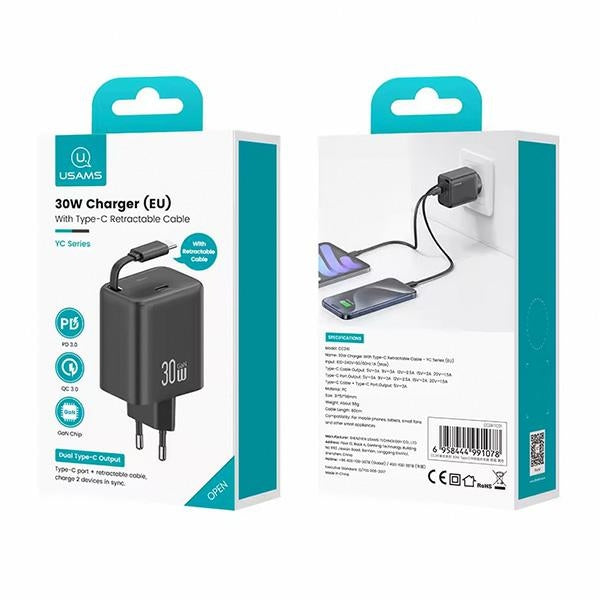 Зарядно USAMS YC Series Retractable PD+QC 30W GaN Fast Charging със сгъваем кабел, бяло