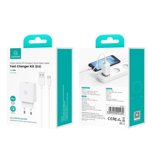 Зарядно USAMS 18W + кабел Fast Charging, бял