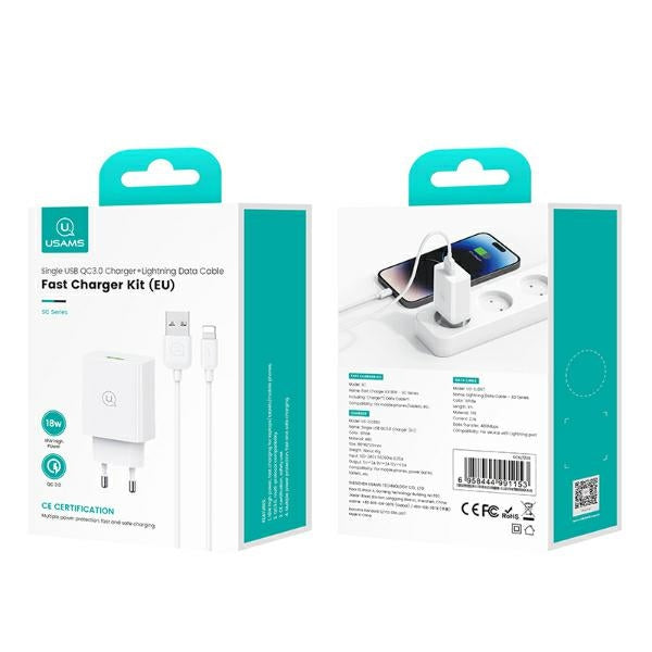 Зарядно USAMS 18W + кабел Lightning Fast Charging, бял
