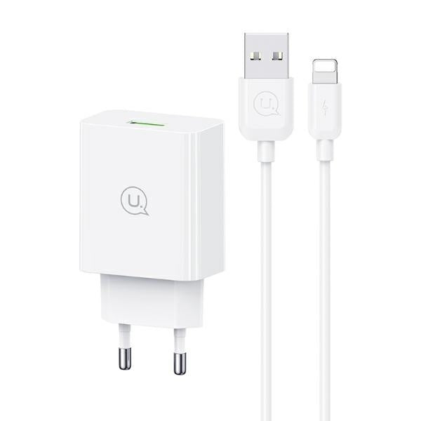 Зарядно USAMS 18W + кабел Lightning Fast Charging, бял
