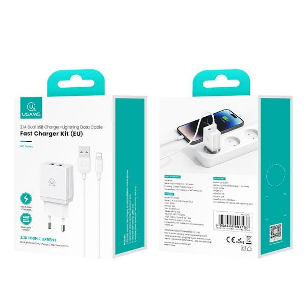Зарядно USAMS 18W Fast Charging с кабел Lightning, бяло