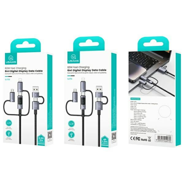 USAMS Kabel 6в1 Fast charging 60W 1,2m Data Cable Digital display Aluminium Alloy Серия Sufeng SJ713