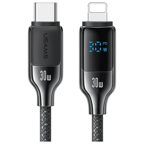 Кабел USAMS HX Series 30W 1,2м Lightning с дигитален дисплей и цинков сплав, черен