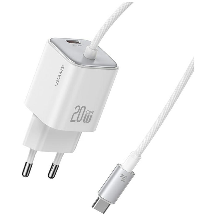 Зарядно USAMS JC Series 20W GaN Mini Fast Charger с вграден кабел, бял
