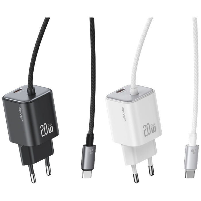 Зарядно USAMS JC Series 20W GaN Mini Fast Charger с вграден кабел, бял