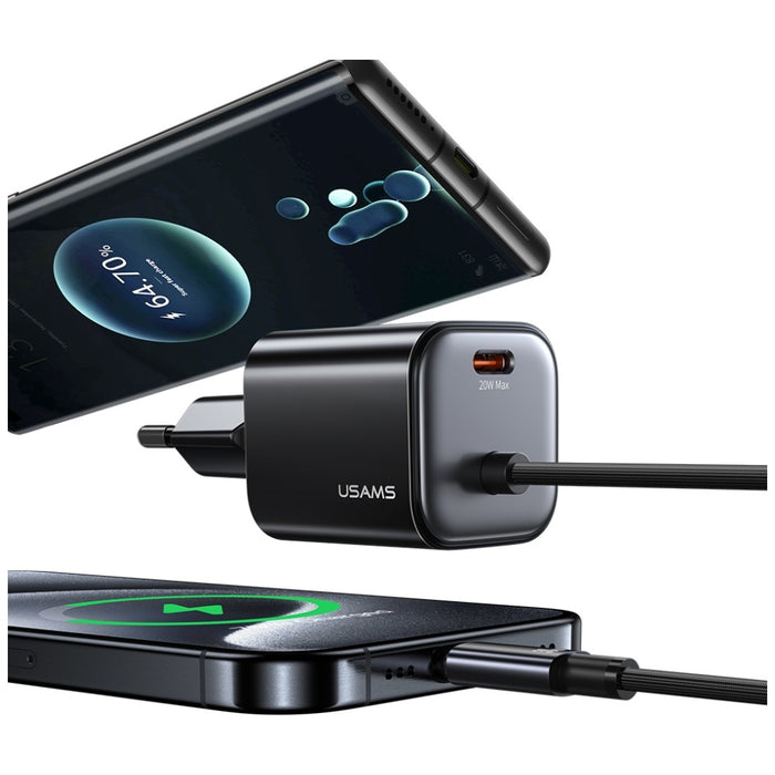Зарядно USAMS JC Series 20W GaN Mini Fast Charger с вграден кабел, бял