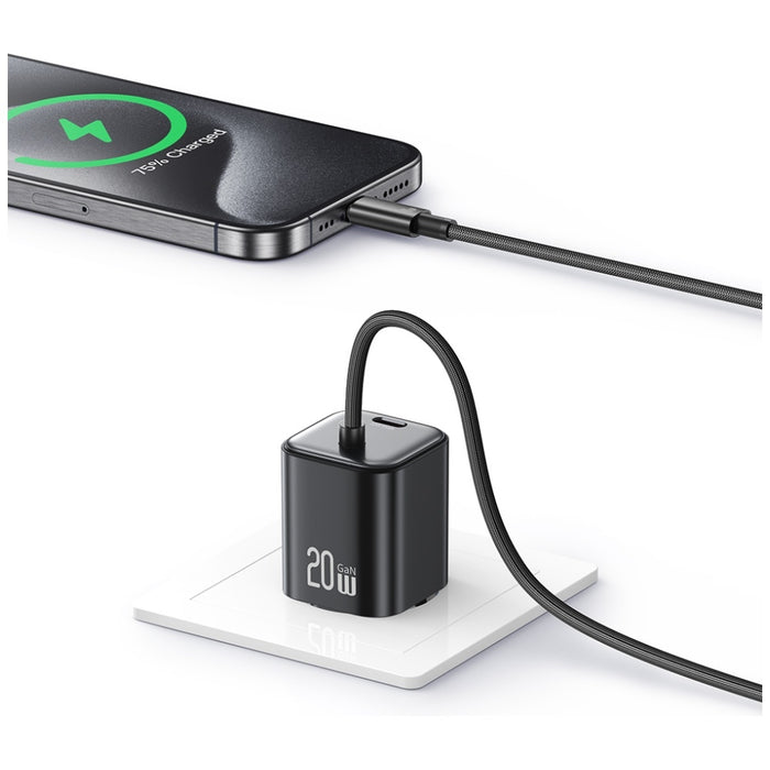 Зарядно USAMS JC Series 20W GaN Mini Fast Charger с вграден кабел, бял