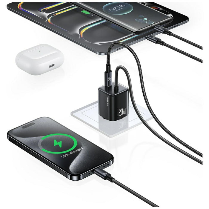 Зарядно USAMS JC Series 20W GaN Mini Fast Charger с вграден кабел, бял