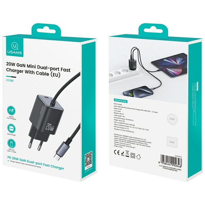 Зарядно USAMS JC Series 20W GaN Mini Fast Charger с вграден кабел, бял