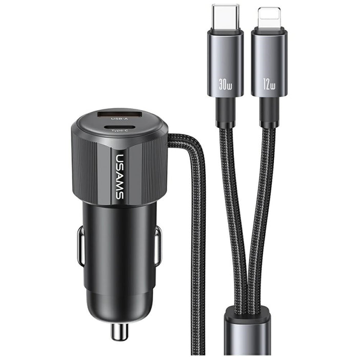 Автомобилна зарядна USAMS YT Series 66W + кабел 2в1 USB-C/Lightning, тъмен
