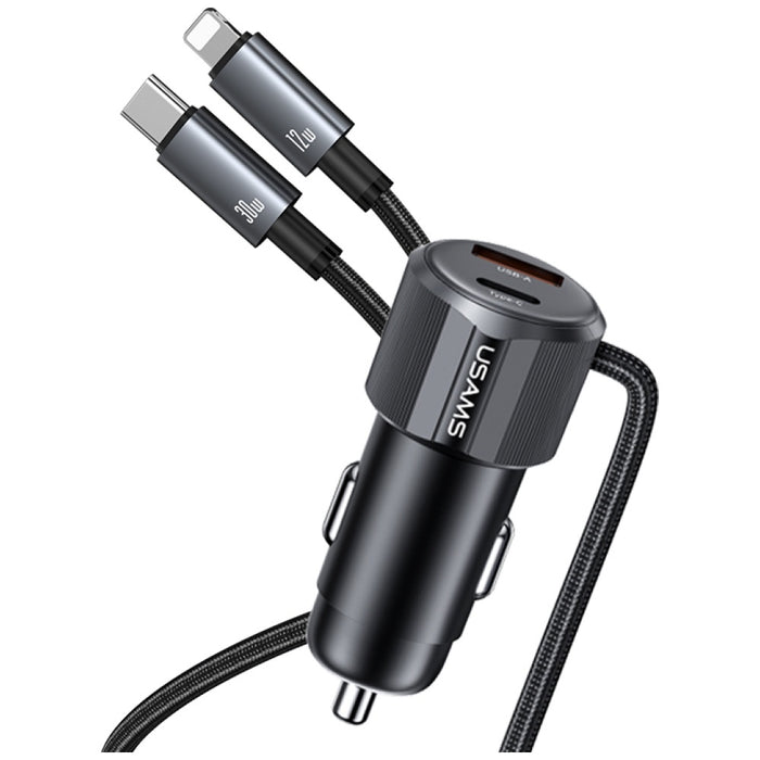 Автомобилна зарядна USAMS YT Series 66W + кабел 2в1 USB-C/Lightning, тъмен