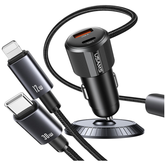 Автомобилна зарядна USAMS YT Series 66W + кабел 2в1 USB-C/Lightning, тъмен