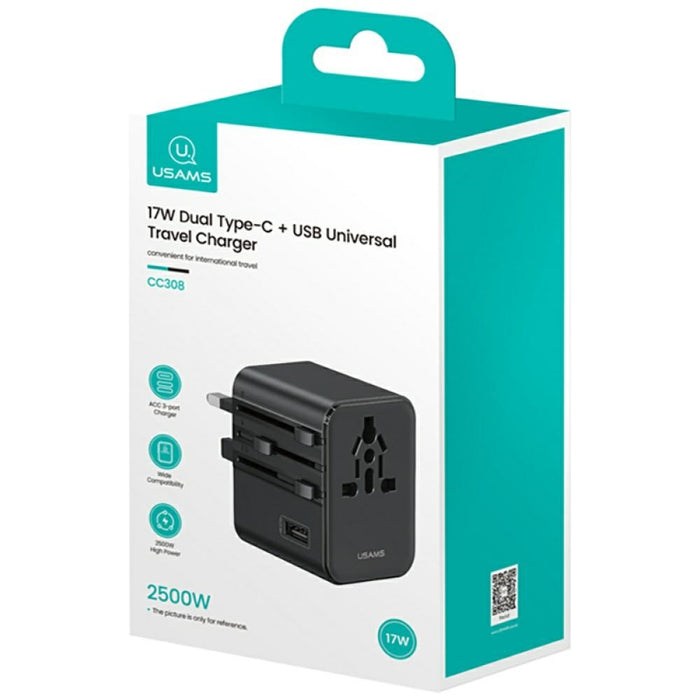 Зарядно USAMS Travel Adapter 17W 4в1 US/AU/EU/UK, черно