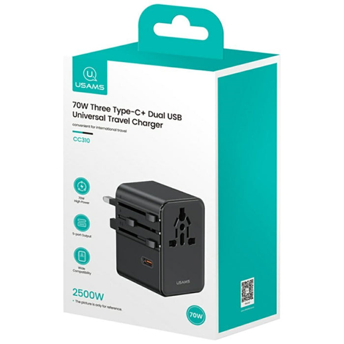 Зарядно USAMS Travel Adapter 70W 4в1 US/AU/EU/UK, черно