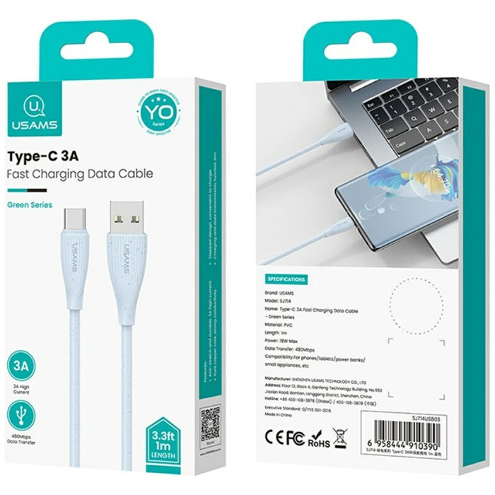 Кабел USAMS Green Series 18W 3A за USB-C 1м, розов