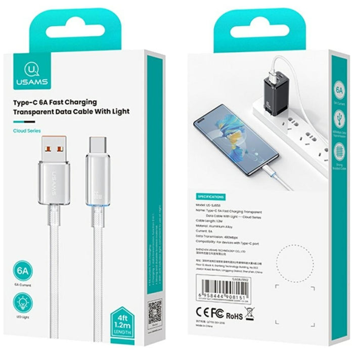 Кабел USAMS Cloud Series USB-C към USB-C 6A, 1,2 m, бял