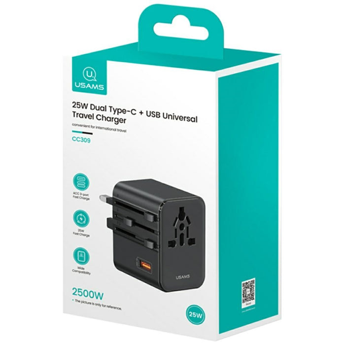 Зарядно USAMS Travel Adapter 25W 4в1 US/AU/EU/UK, черно