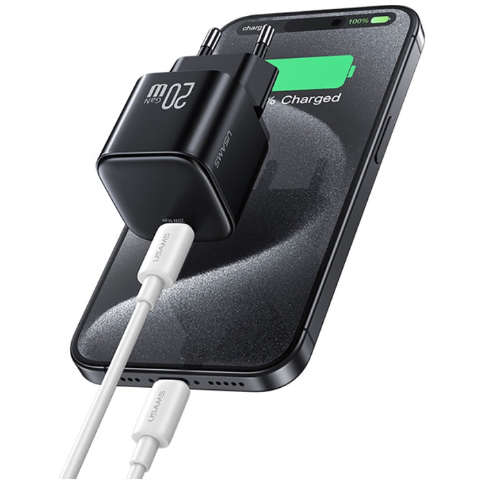 Зарядно USAMS JO Series 20W + кабел USB-C/Lightning 1m, бял