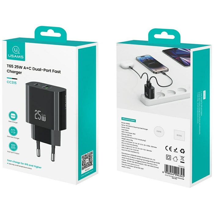 Зарядно USAMS T65 25W Fast Charging, черно