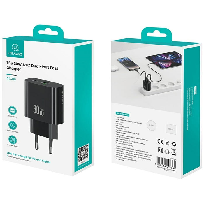 Зарядно USAMS T65 30W Fast Charging, черно