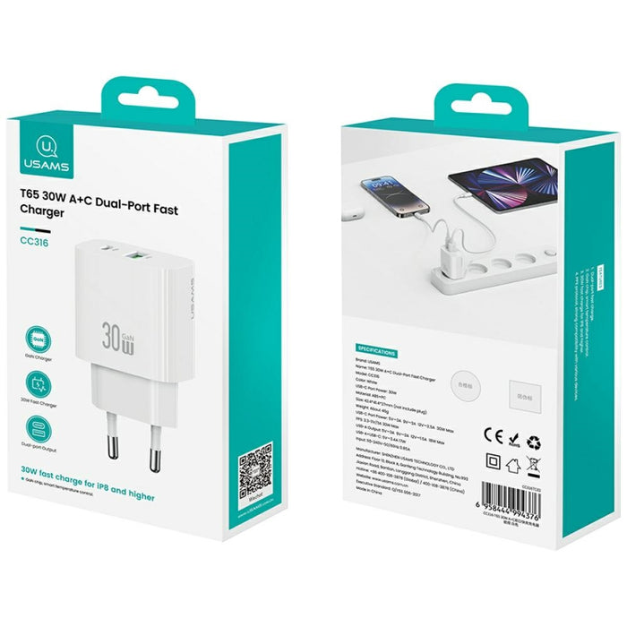 Зарядно USAMS T65 30W Fast Charging, бяло