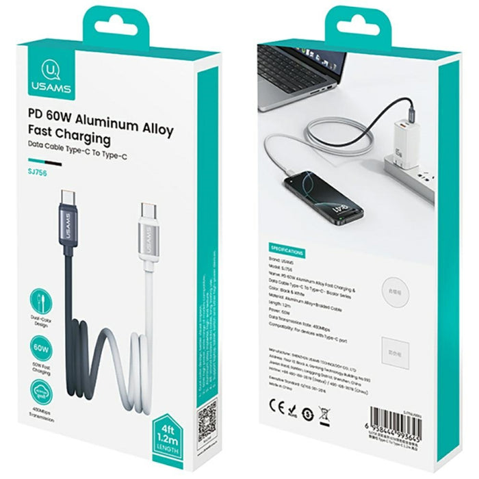 Кабел USAMS Bicolor Series PD 60W USB-C/Lightning 1.2m, черно-бял