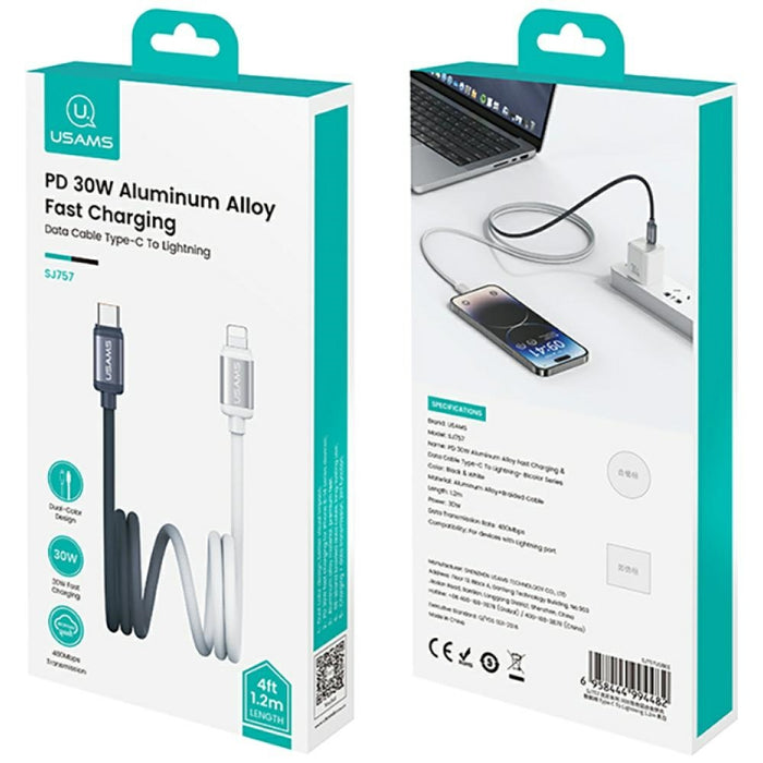Кабел USAMS Bicolor Series SJ757 PD 30W USB-C/Lightning 1.2m, черно-бял