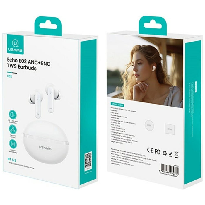 Слушалки USAMS Echo E02 TWS ANC+ENC безжични, бели