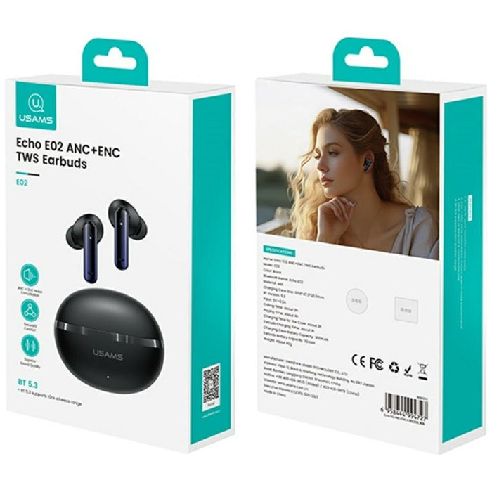 Слушалки USAMS Echo E02 TWS ANC+ENC безжични, черни