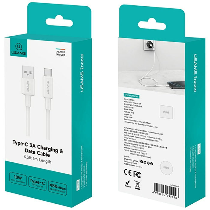 Кабел USAMS U90 3A за USB-A към USB-C, бял