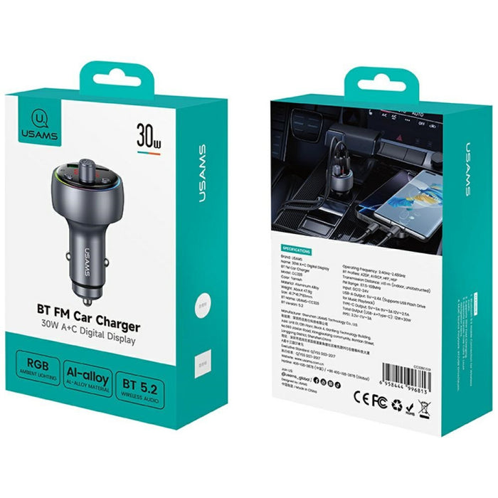 Автомобилна зарядна 30W USAMS CC328 1xUSB-A 1xUSB-C Bluetooth FM tarnish