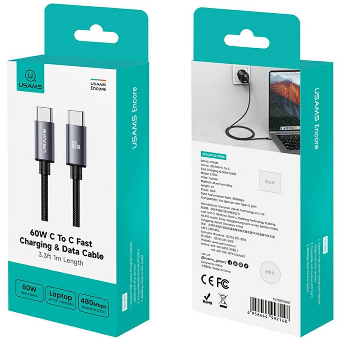 Кабел USAMS U91 60W USB-C към USB-C 1m, черен