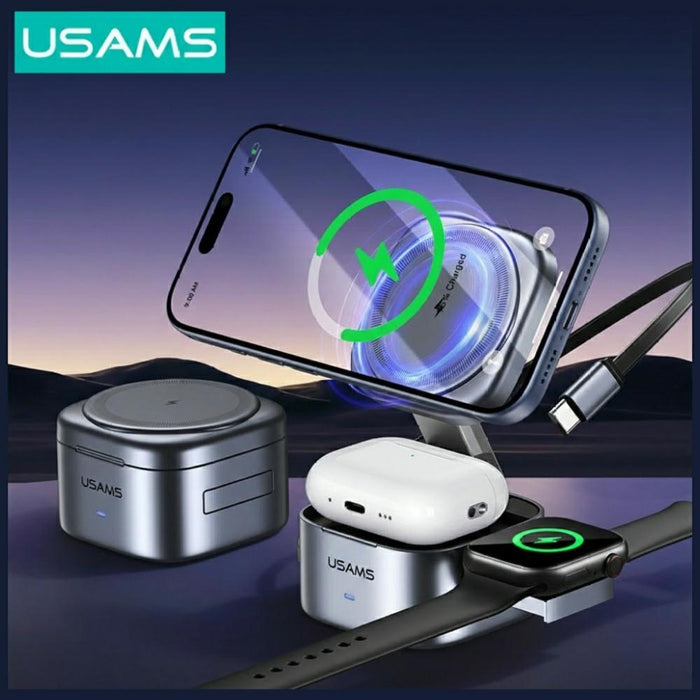 Индукционно зарядно USAMS CD257 3в1 Qi2, тъмно