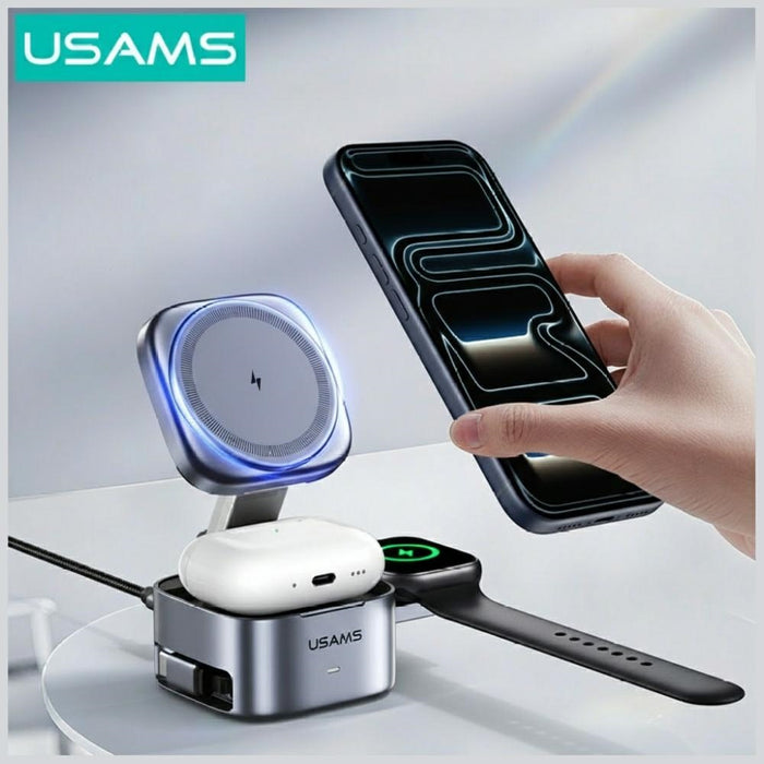 Индукционно зарядно USAMS CD257 3в1 Qi2, тъмно