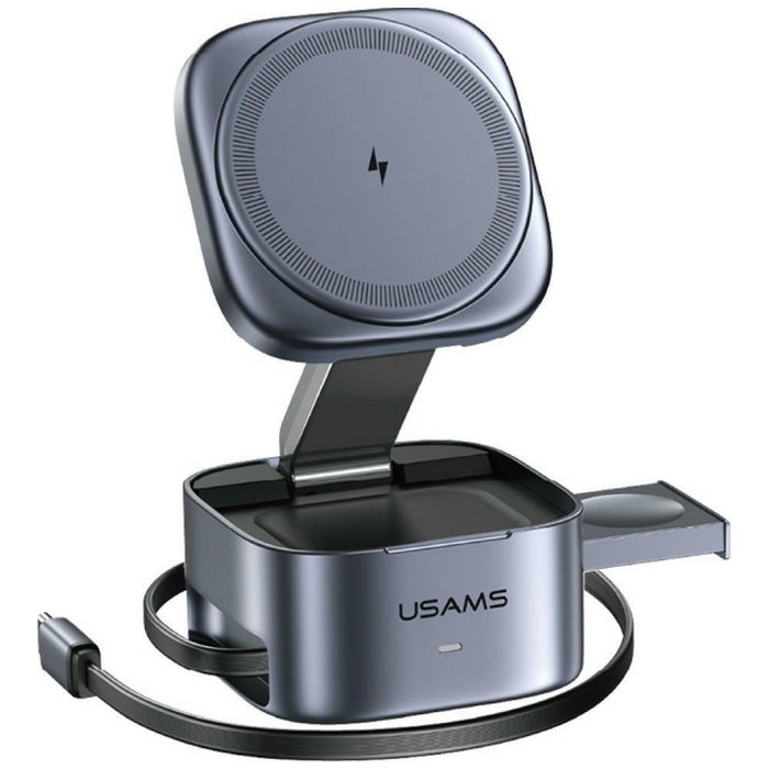 Индукционно зарядно USAMS CD257 3в1 Qi2, тъмно