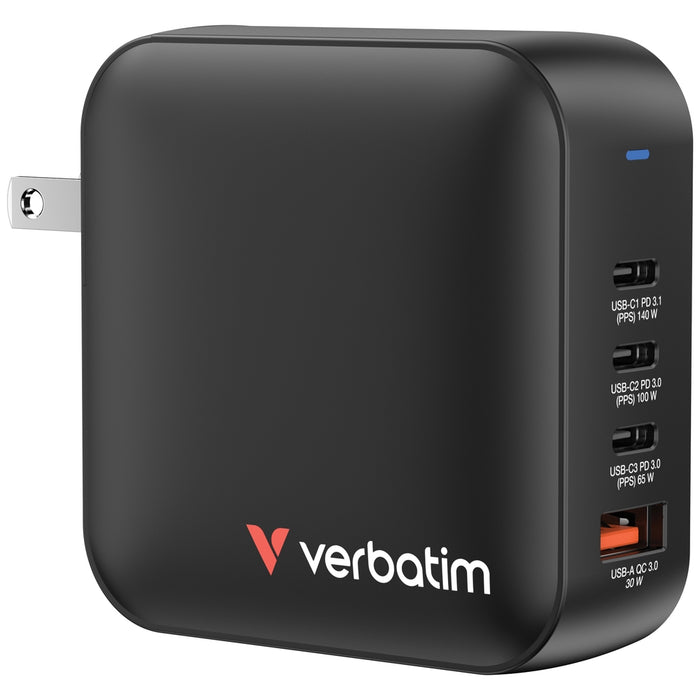 Mini GaN зарядно устройство Verbatim 165 W 4 порта за САЩ с адаптери за ЕС и Обединеното кралство