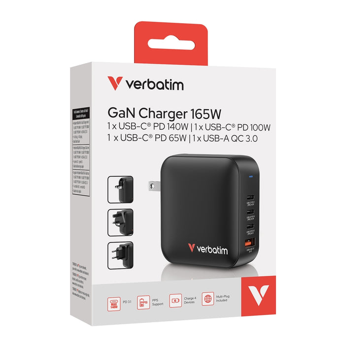 Mini GaN зарядно устройство Verbatim 165 W 4 порта за САЩ с адаптери за ЕС и Обединеното кралство