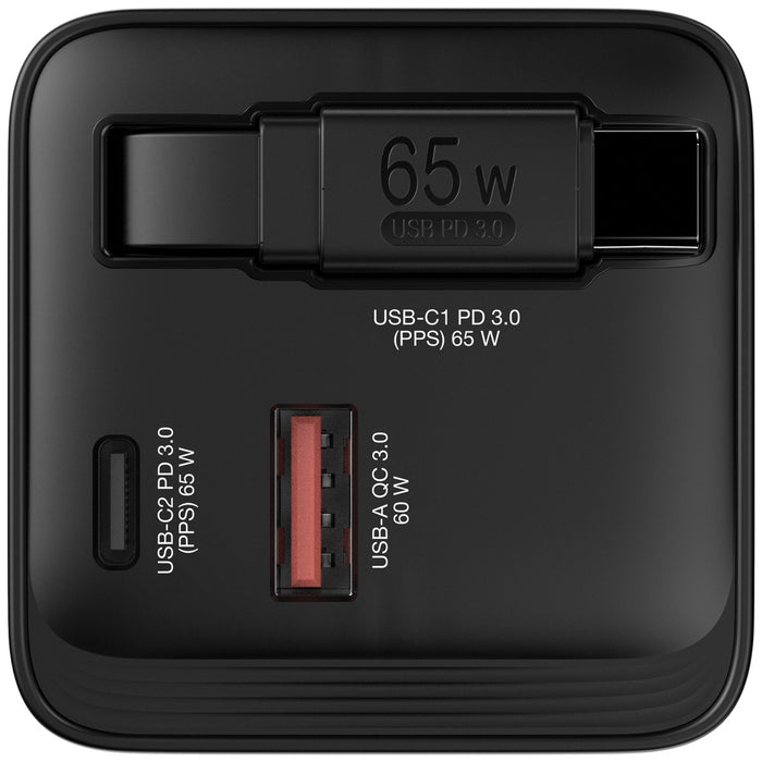 Verbatim Mini GaN Charger 65W 2 порта, прибиращ се кабелен дисплей, щепсели за САЩ с адаптери за ЕС и Обединеното кралство