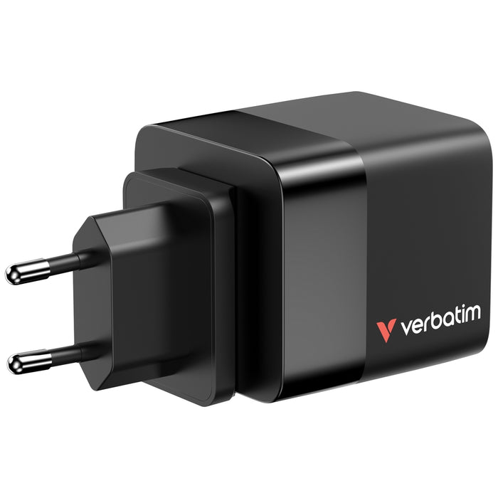 Verbatim Mini GaN Charger 65W 2 порта, прибиращ се кабелен дисплей, щепсели за САЩ с адаптери за ЕС и Обединеното кралство