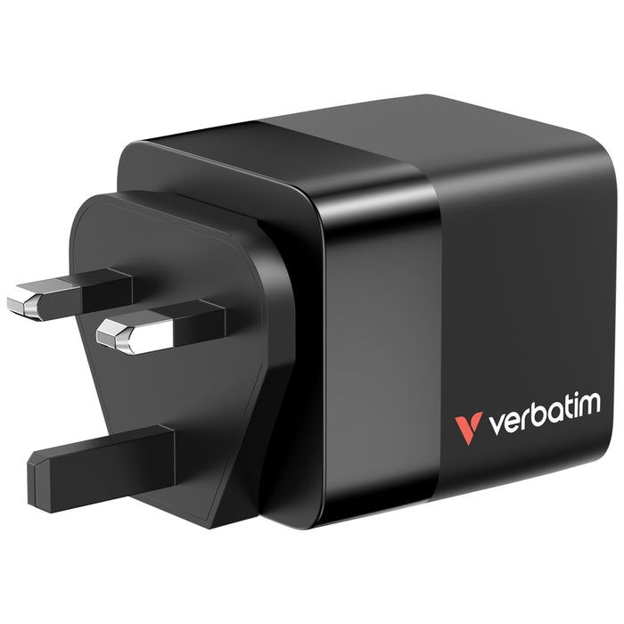 Verbatim Mini GaN Charger 65W 2 порта, прибиращ се кабелен дисплей, щепсели за САЩ с адаптери за ЕС и Обединеното кралство