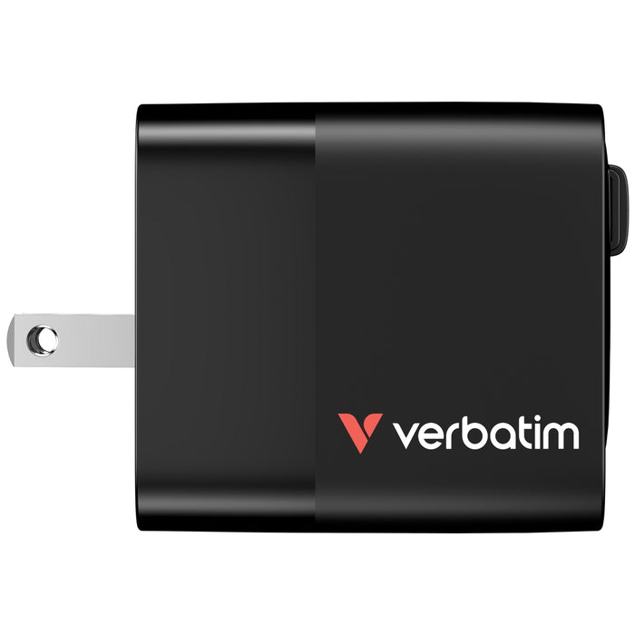 Verbatim Mini GaN Charger 65W 2 порта, прибиращ се кабелен дисплей, щепсели за САЩ с адаптери за ЕС и Обединеното кралство
