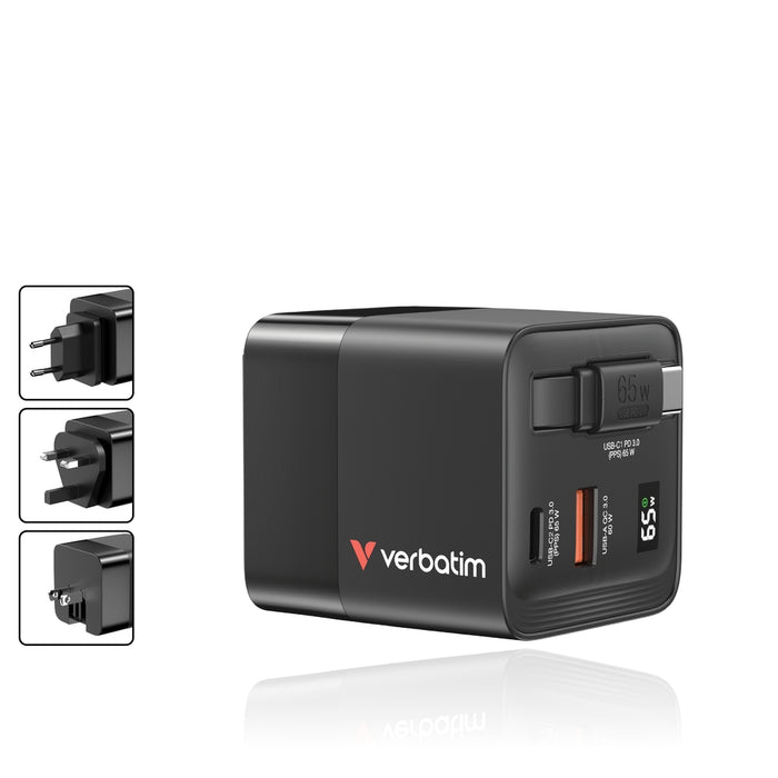 Verbatim Mini GaN Charger 65W 2 порта, прибиращ се кабелен дисплей, щепсели за САЩ с адаптери за ЕС и Обединеното кралство